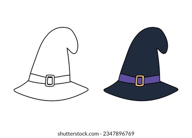 Cute cartoon Wide Brimmed Witch Hat with Conical Crown coloring book for children.