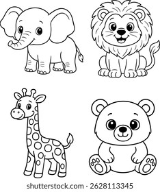 Cute cartoon wild animals black and white set, vector outline drawings of elephant, lion, giraffe, and bear for kids coloring books and educational illustrations