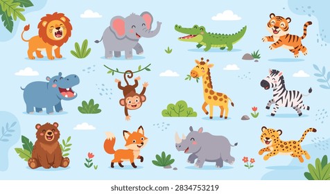 Cute cartoon wild animals set. Kawaii jungle, forest and savannah zoo characters illustrations collection. Vector clipart.