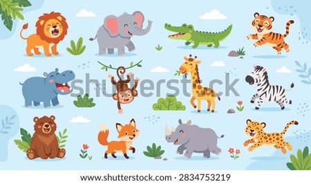 Cute cartoon wild animals set. Kawaii jungle, forest and savannah zoo characters illustrations collection. Vector clipart.