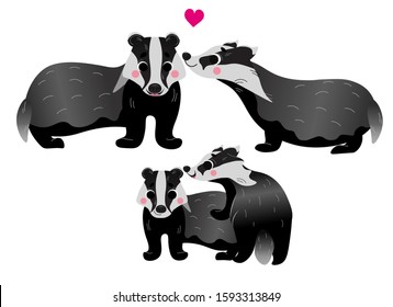 Cute cartoon wild badger or brock family vector image. Male and female badgers with their little badgers. Forest animals for kids. Isolated on white background.