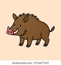 Lindo jabalí de dibujos animados con una sonrisa amistosa en un estilo plano simple. Perfecto para ilustraciones infantiles, diseños de animales, pegatinas, contenido educativo y proyectos gráficos lúdicos.