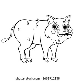 Cute cartoon wild boar vector coloring page outline. Happy hog. Coloring book of forest animals for kids. Isolated on white background.