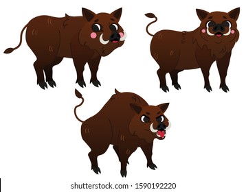 Cute cartoon wild boars vector set. Hogs in different postures. Happy and angry boar. Forest animals for kids. Isolated on white background.