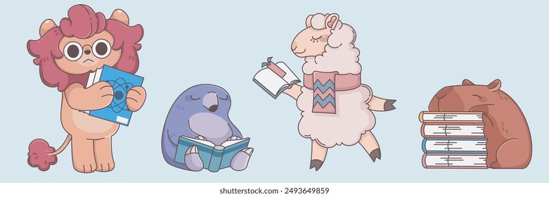 Cute cartoon wild and domestic animals with books. Vector set of funny lion and sheep stand, mole sit and read paper textbook, capybara lie on stack of literature for hobby and education concept.