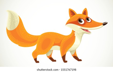 Cute cartoon wild orange fox with fluffy tail isolated on a white background