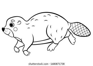 Cute cartoon wild swimming beaver vector coloring page outline. Coloring book of forest animals for kids. Isolated on white background.