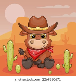 Cute cartoon wild west buffalo wearing cowboy hat and scarf. Desert landscape with mountains and cactuses.