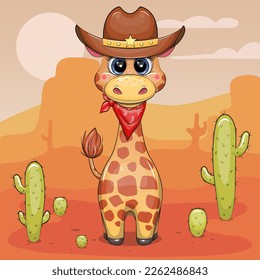 Cute cartoon wild west giraffe wearing cowboy hat and scarf. Desert landscape with mountains and cactuses.