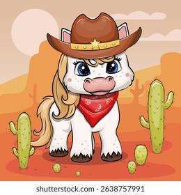 Cute cartoon wild west Horse wearing cowboy hat and scarf. Vector illustration of a Desert landscape with mountains and cactuses.