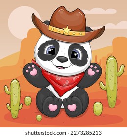 Cute cartoon wild west panda wearing cowboy hat and red scarf. Desert landscape with mountains and cactuses.