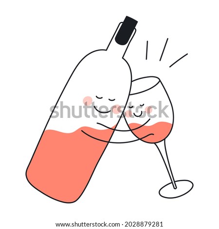 A cute cartoon wine bottle is hugging with a wine glass. Romantic relationship, interconnected pair. Thin line funny characters on white background.