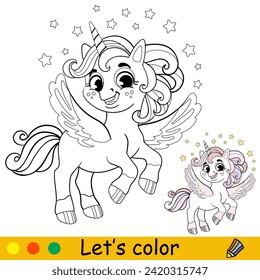 Cute cartoon winged unicorn. Kids coloring book page. Unicorn character. Black contour on a white. Vector isolated illustration with colorful template. For coloring, print, stickers, t shirt design