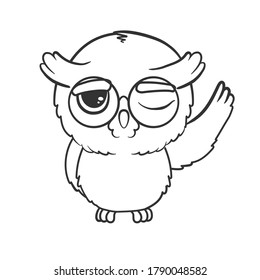 Cute cartoon winking owl waving its wing isolated on white background. Vector illustration for coloring book