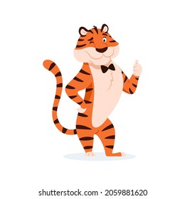 Cute cartoon winking tiger with thumb up sign isolated on white background. Adorable orange striped successful wildcat showing like hand gesture. Smiling animal New Year character vector illustration.