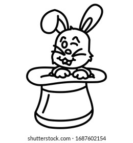 Cute Cartoon Winky head Rabbit In Magic Hat Concept, circus and amusement park things on white bakcground, Funny Animal Vector Icon, The Magic Show Design
