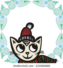 Cute cartoon winter cat. Vector illustration