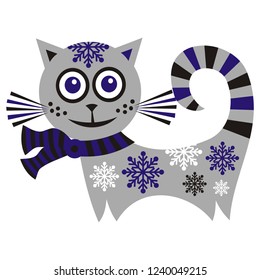 Cute cartoon winter cat. Vector illustration