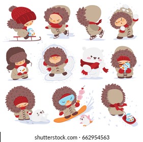 Cute Cartoon Winter Characters Set, Kids and Animals having Fun. Sledding, Snowboarding, Ice Skating with Penguins.