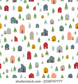 Cute Cartoon Winter City and Pine. Christmas Holiday Pattern. Vector