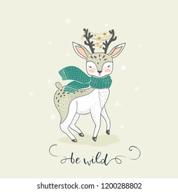 Cute cartoon winter deer forest animal character. Hand drawn lovely animal card template. Shirt print design vector illustration.