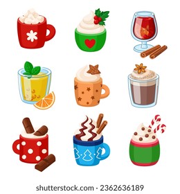 Cute cartoon winter drinks. Cocoa, chocolate, tea and coffee. Vector illustration on a white background.