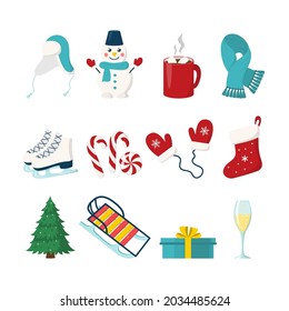 Cute cartoon winter icon collection with scarf, christmas tree, red sock, snowman, scates, sledge. Design elements for seasonal greeting cards, posters, banners. Flat vector illustration