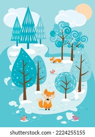 Cute cartoon winter landscape. Forest, birds and foxes. In blue colours. Vector illustration. For Kids designs and fabrics.