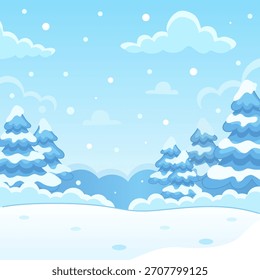 Lindo paisaje de invierno de dibujos animados con pinos y nieve que cae. Ilustración vectorial de la naturaleza en colores azules.