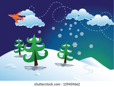 Cute cartoon winter landscape with a plane 