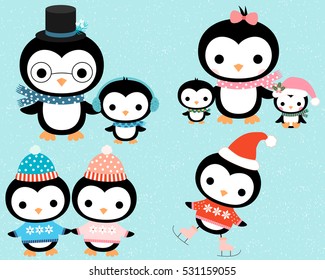 Cute cartoon winter penguin family in flat style with mother, father and children group with hats, scarves and skates for Christmas and New Year greeting cards and designs