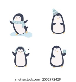 Cute cartoon winter penguin set