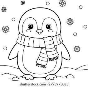 Cute cartoon winter penguin vector illustration coloring page for kids. Black and white line art of a smiling penguin with scarf and snowflakes isolated on white background. Educational worksheet.