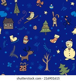 Cute cartoon winter seamless pattern. Christmas and New Year theme.