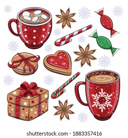 Cute cartoon winter set of holiday food and drinks: coffee, cocoa with marshmallows, heart cookie, biscuits, bonbons, candy cane, anise star. Vector illustration