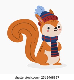 Cute cartoon winter squirrel wearing a scarf and beanie vector illustration isolated on white background	