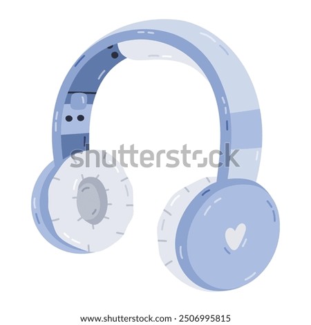 Cute cartoon wireless headphones with heart for listening music, gaming and control via smartphone. Smart audio gadget from Internet of things. Stereo earphones isolated on white background.