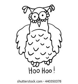 Cute cartoon wise owl isolated on white background. Good for coloring. Hoo-hoo! 