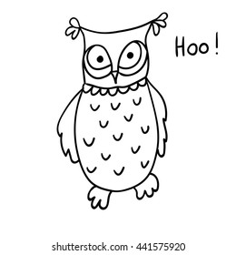 Cute cartoon wise owl isolated on white background. Good for coloring. Hoo-hoo! 