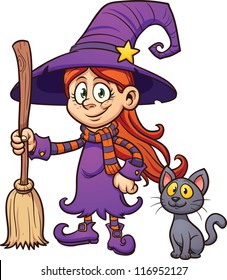 Cute cartoon witch with black cat. Vector clip art illustration with simple gradients. Each in a separate layer.