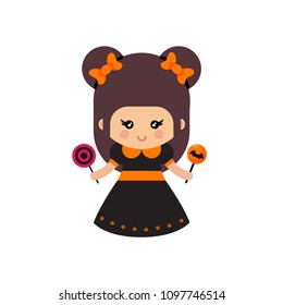 A cute cartoon witch with bow and candies svg