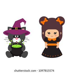 A cute cartoon witch with bow with cat black sitting in hat and cauldron