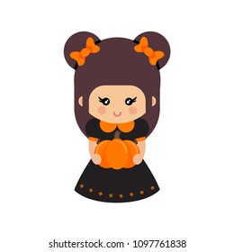 A cute cartoon witch with bow and with pumpkin