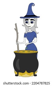 Cute cartoon witch brewing potion in the cauldron. Flat style halloween illustration, isolated on white background