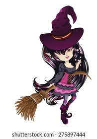 Cute cartoon witch with broom in anime, manga style.