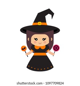 A cute cartoon witch with candies svg