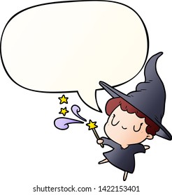 cute cartoon witch casting spell with speech bubble in smooth gradient style