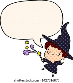 cute cartoon witch casting spell with speech bubble in comic book style