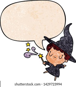 cute cartoon witch casting spell with speech bubble in retro texture style