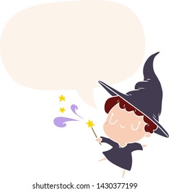 cute cartoon witch casting spell with speech bubble in retro style